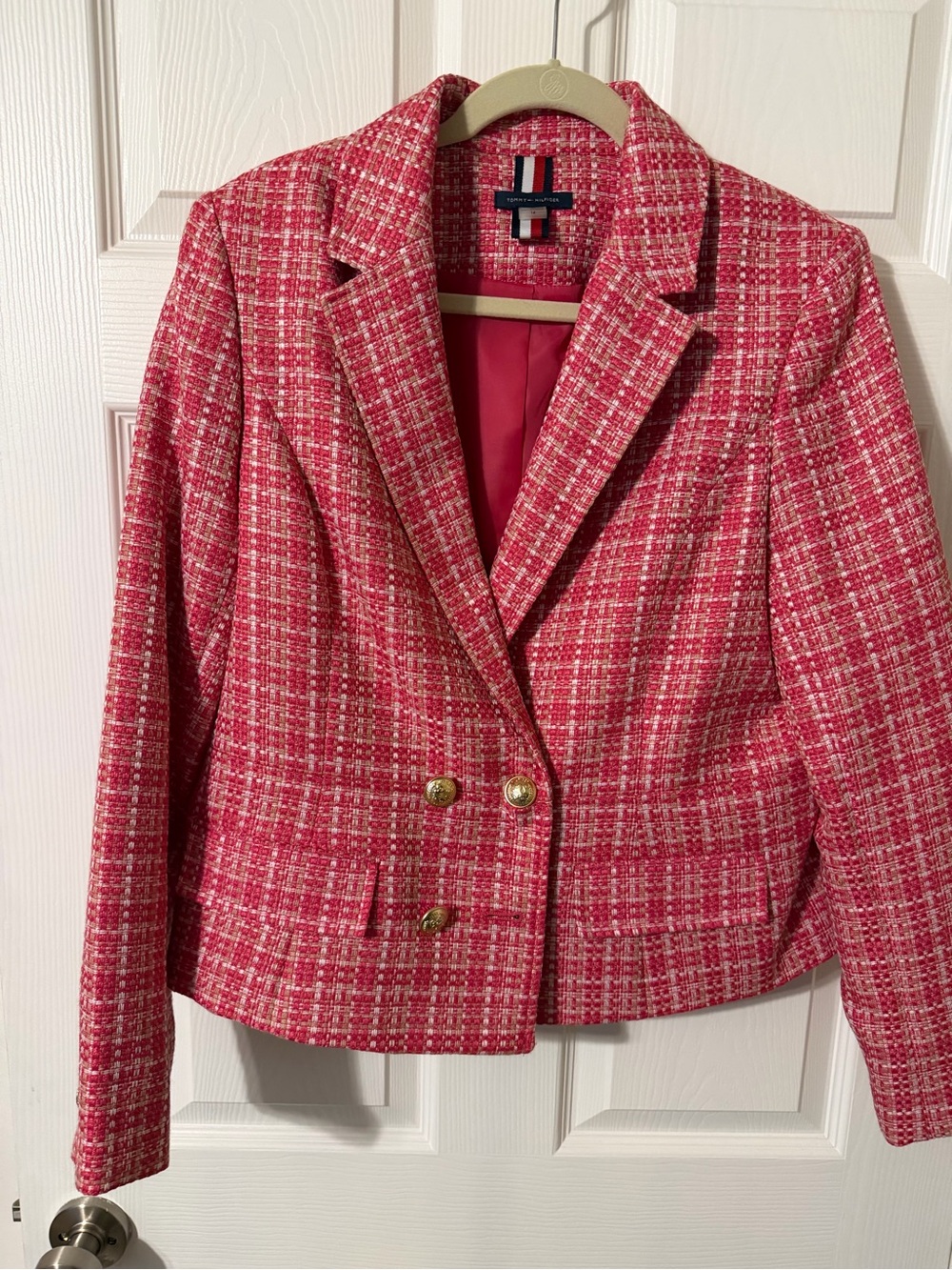 Tommy Hilfiger Pink Tweed Double-Breasted Cropped Blazer